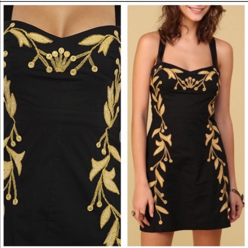 RARE free people black & gold mini dress